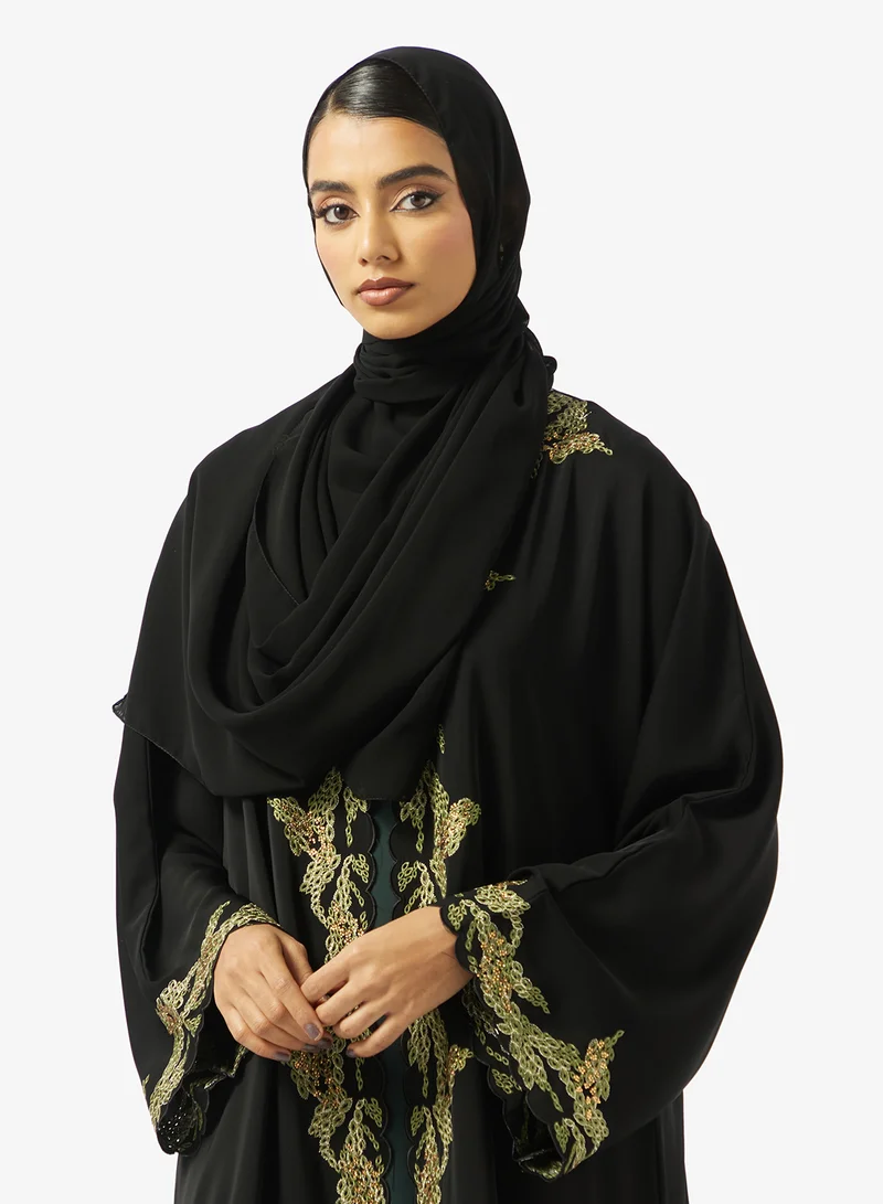 hayas closet  Black Embroidered Abaya With Sheila for Women | Best Price UAE
